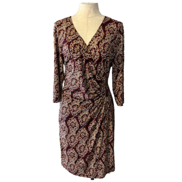 Laundry Design Faux Wrap Dress Stretch Career Church Washble Burgundy Orange Tan - Picture 2 of 13